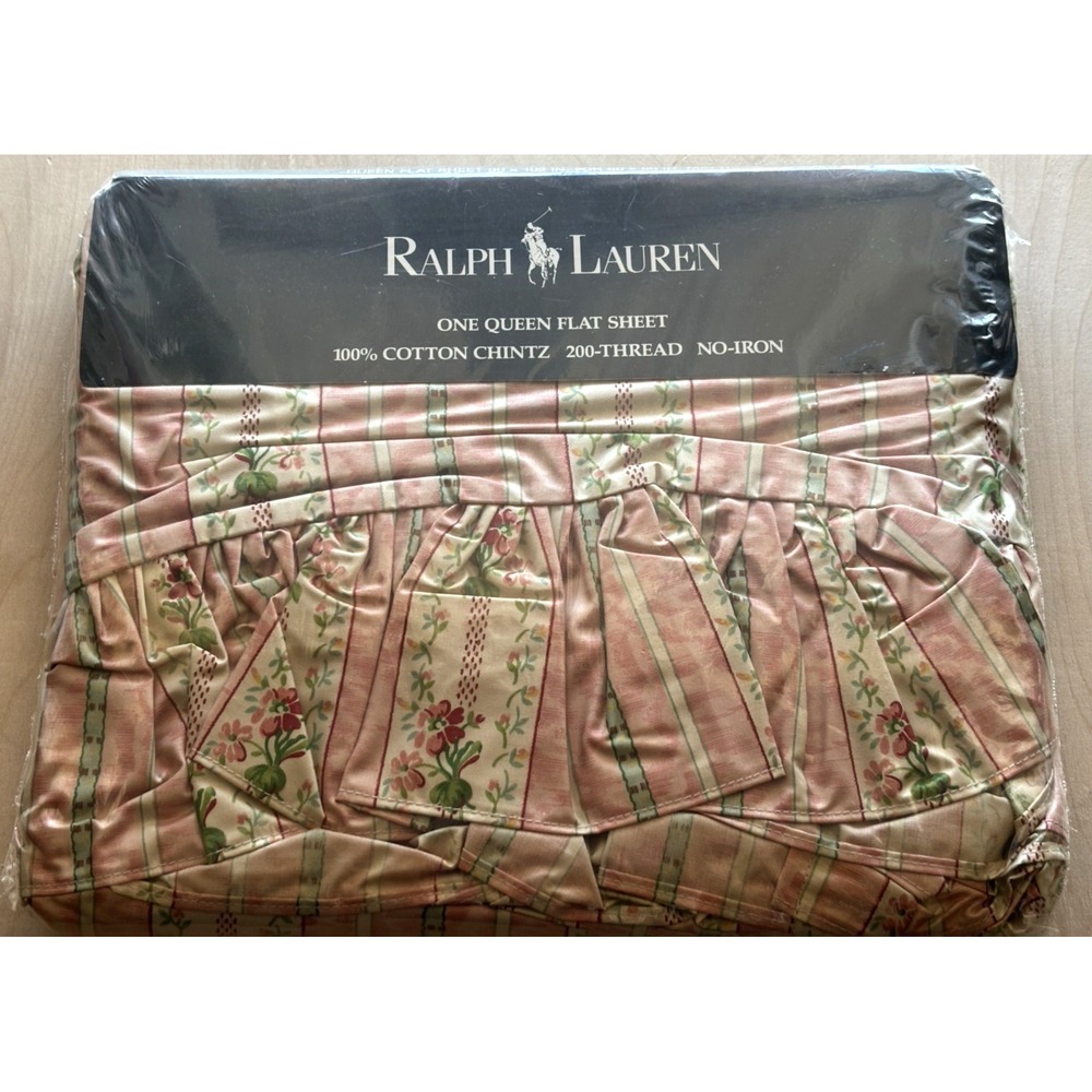 Vtg Ralph Lauren Queen Flat Sheet Lillian NIP Cotton Chintz Floral Pink Stripe